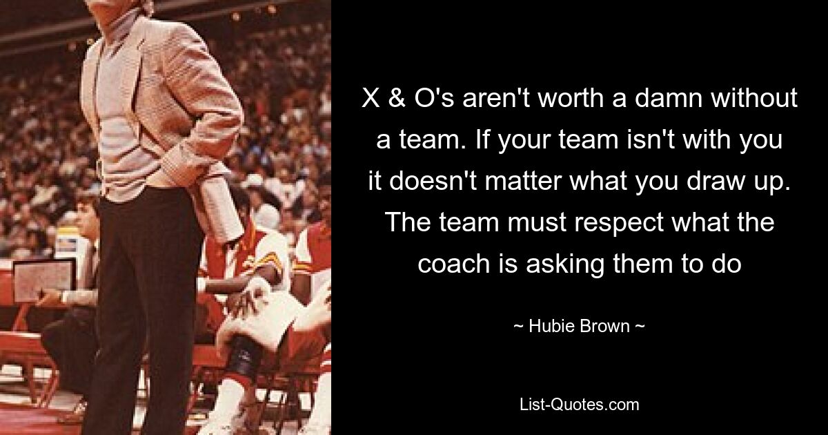 X & O's aren't worth a damn without a team. If your team isn't with you it doesn't matter what you draw up. The team must respect what the coach is asking them to do — © Hubie Brown