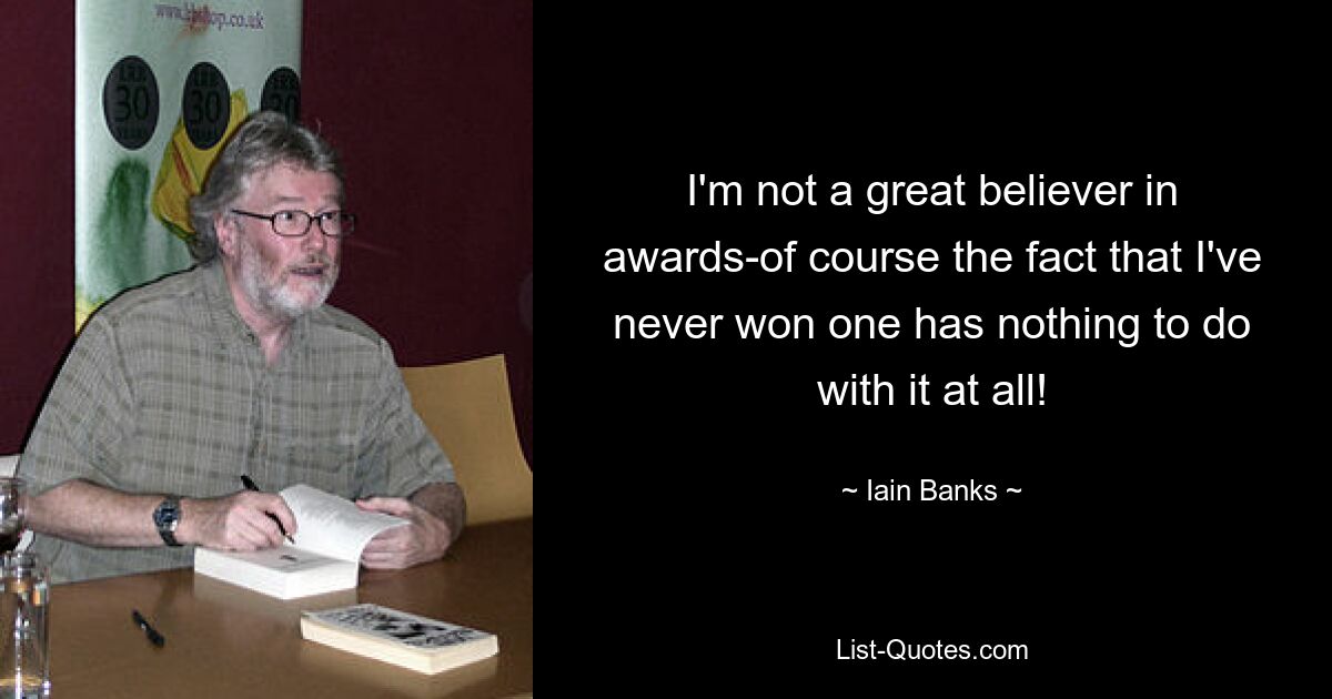 I'm not a great believer in awards-of course the fact that I've never won one has nothing to do with it at all! — © Iain Banks