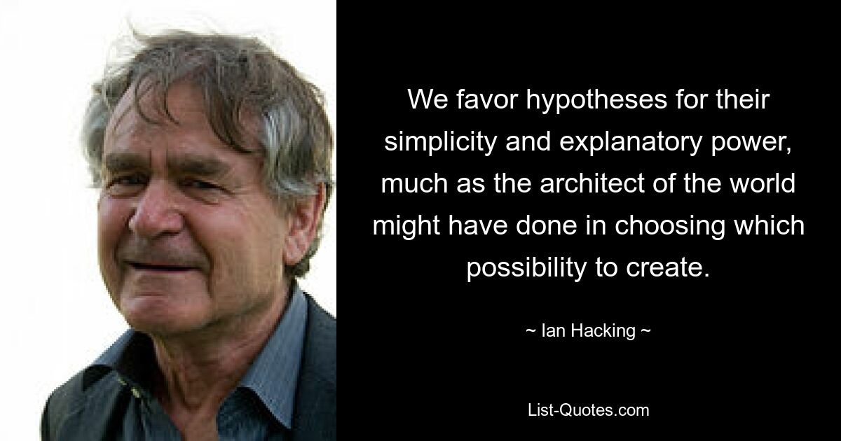 We favor hypotheses for their simplicity and explanatory power, much as the architect of the world might have done in choosing which possibility to create. — © Ian Hacking