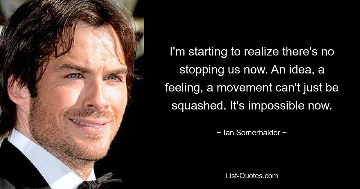 I'm starting to realize there's no stopping us now. An idea, a feeling, a movement can't just be squashed. It's impossible now. — © Ian Somerhalder