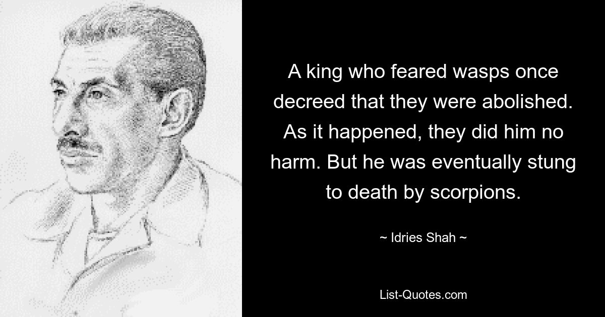 A king who feared wasps once decreed that they were abolished. As it happened, they did him no harm. But he was eventually stung to death by scorpions. — © Idries Shah