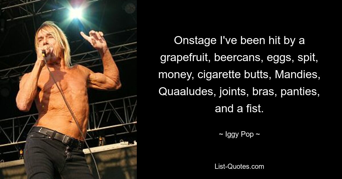 Auf der Bühne wurde ich von einer Grapefruit, Bierdosen, Eiern, Spucke, Geld, Zigarettenkippen, Mandies, Quaaludes, Gelenken, BHs, Höschen und einer Faust getroffen. — © Iggy Pop