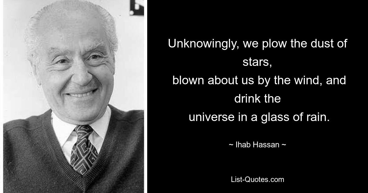 Unknowingly, we plow the dust of stars,
 blown about us by the wind, and drink the
 universe in a glass of rain. — © Ihab Hassan