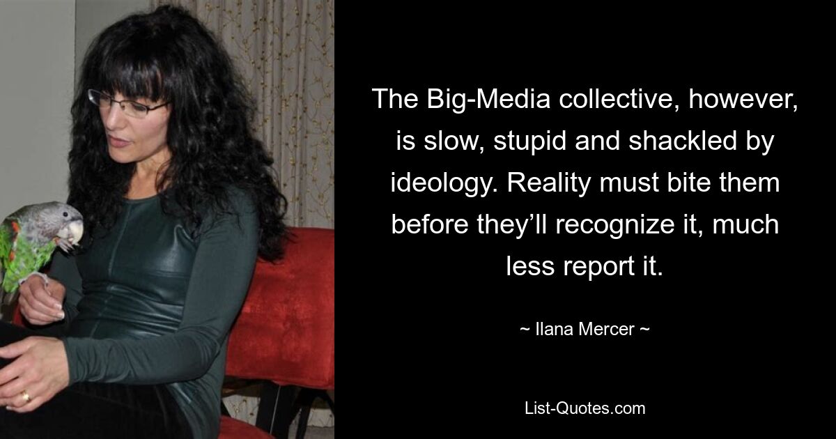 The Big-Media collective, however, is slow, stupid and shackled by ideology. Reality must bite them before they’ll recognize it, much less report it. — © Ilana Mercer