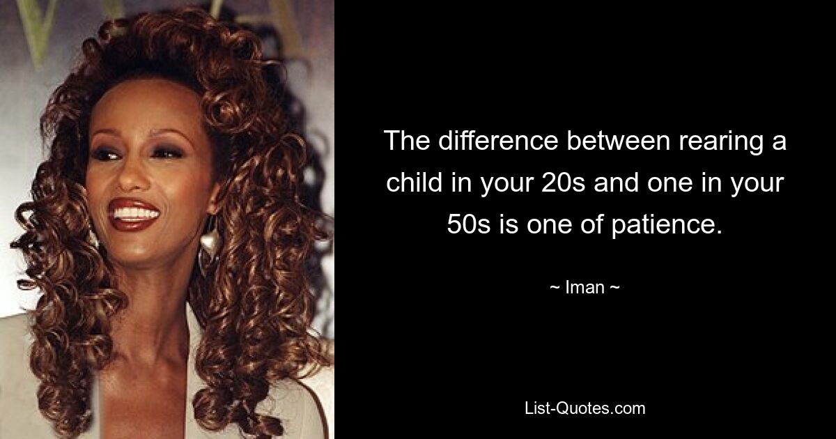 The difference between rearing a child in your 20s and one in your 50s is one of patience. — © Iman