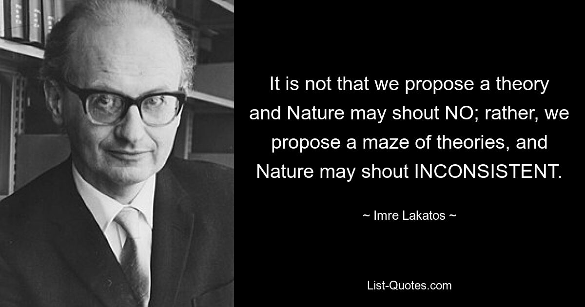 It is not that we propose a theory and Nature may shout NO; rather, we propose a maze of theories, and Nature may shout INCONSISTENT. — © Imre Lakatos