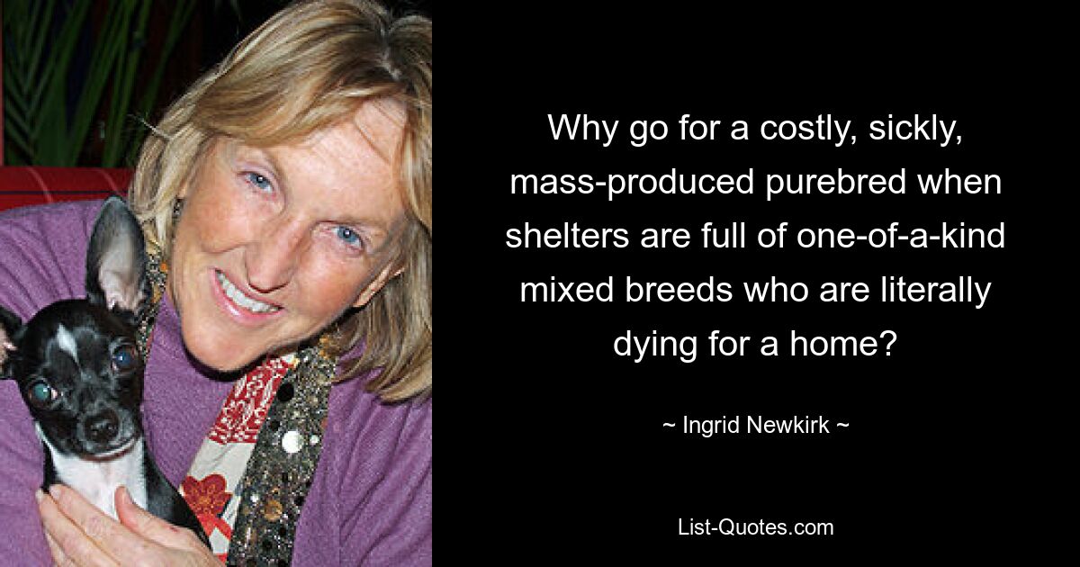 Why go for a costly, sickly, mass-produced purebred when shelters are full of one-of-a-kind mixed breeds who are literally dying for a home? — © Ingrid Newkirk