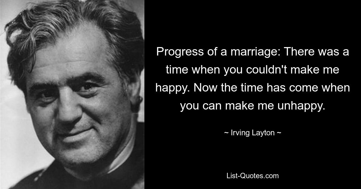 Progress of a marriage: There was a time when you couldn't make me happy. Now the time has come when you can make me unhappy. — © Irving Layton