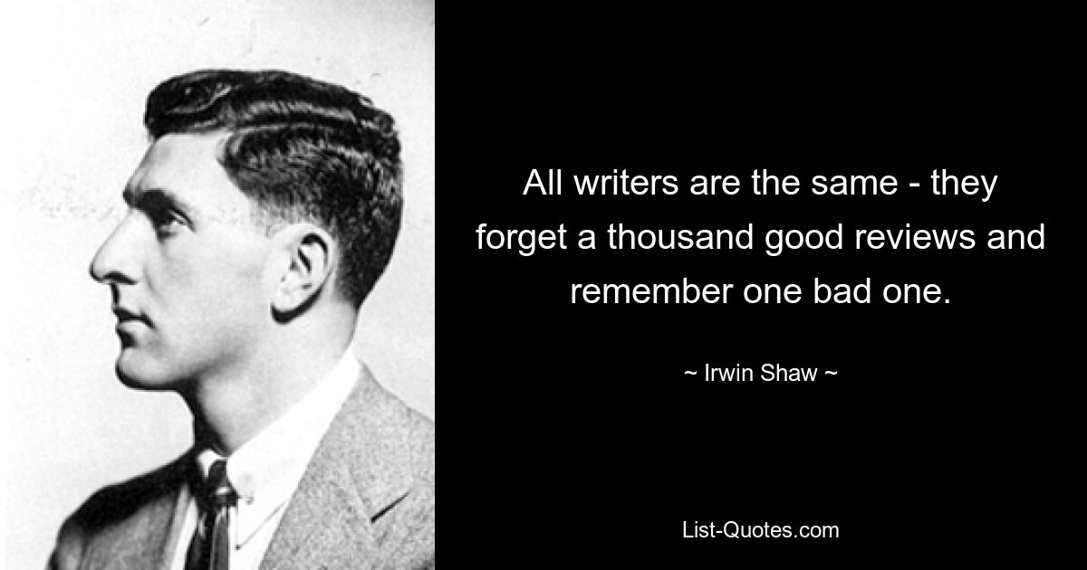 All writers are the same - they forget a thousand good reviews and remember one bad one. — © Irwin Shaw