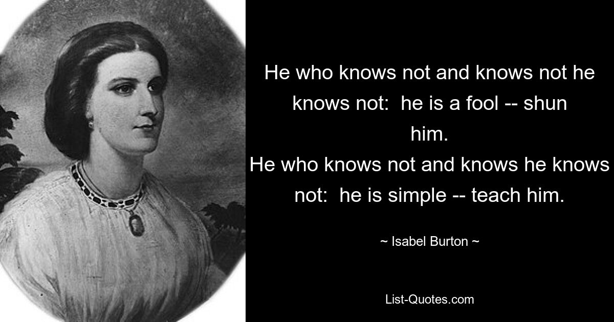 Кто не знает и не знает, тот не знает: он глупец — избегайте его. Кто не знает и знает, тот не знает: он прост — научите его. — © Изабель Бертон 