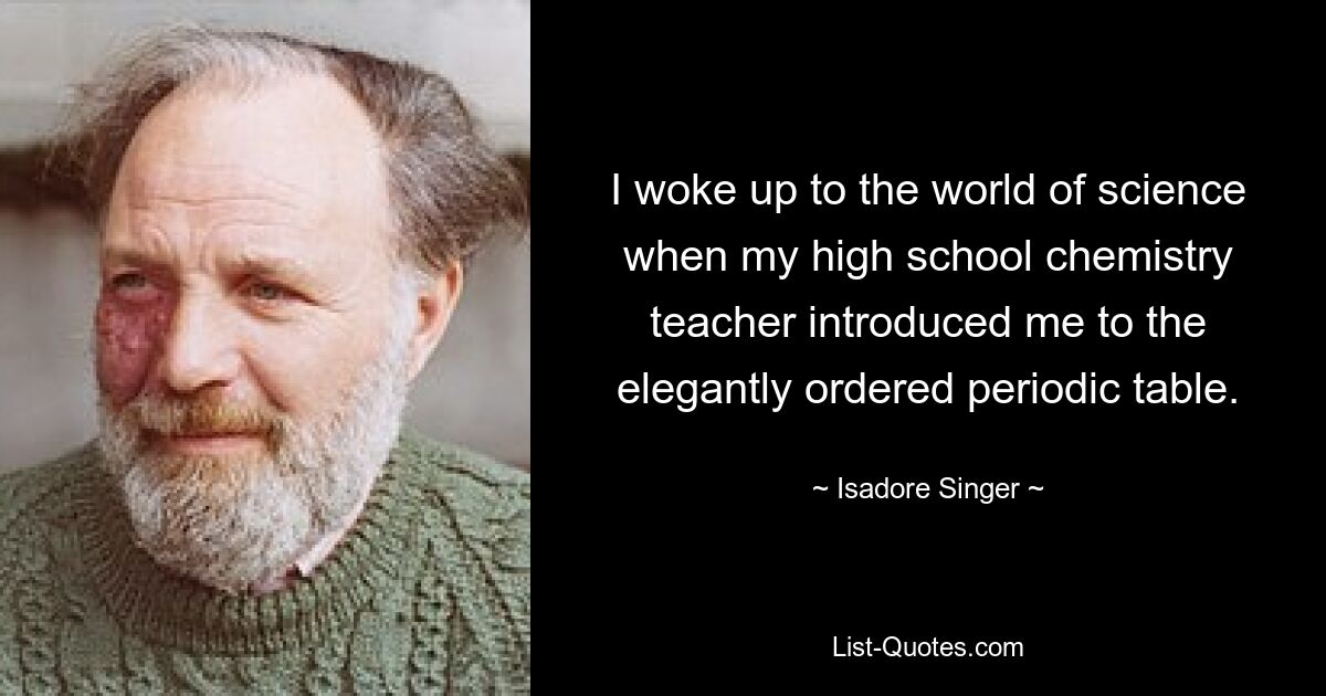 I woke up to the world of science when my high school chemistry teacher introduced me to the elegantly ordered periodic table. — © Isadore Singer