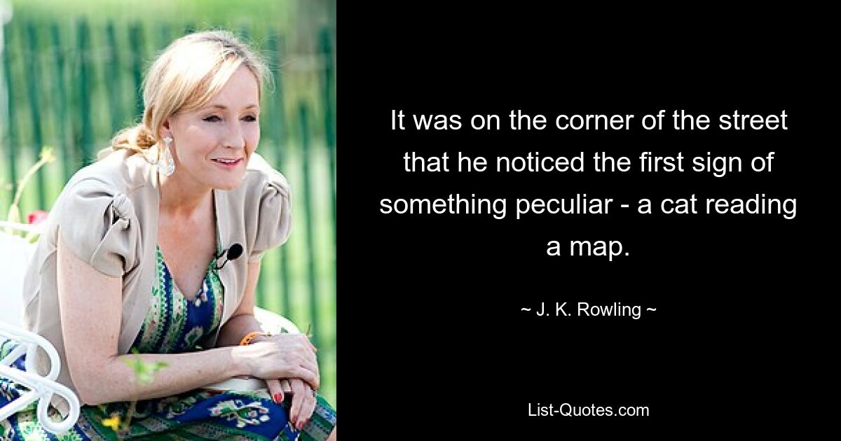 It was on the corner of the street that he noticed the first sign of something peculiar - a cat reading a map. — © J. K. Rowling