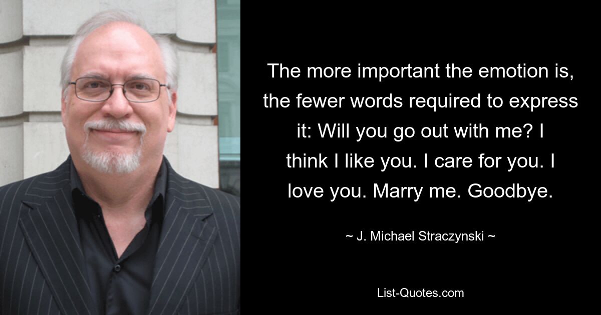 The more important the emotion is, the fewer words required to express it: Will you go out with me? I think I like you. I care for you. I love you. Marry me. Goodbye. — © J. Michael Straczynski