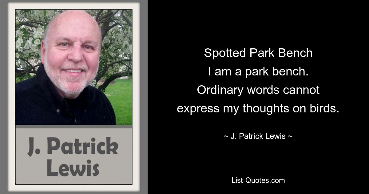 Spotted Park Bench
I am a park bench.
Ordinary words cannot
express my thoughts on birds. — © J. Patrick Lewis