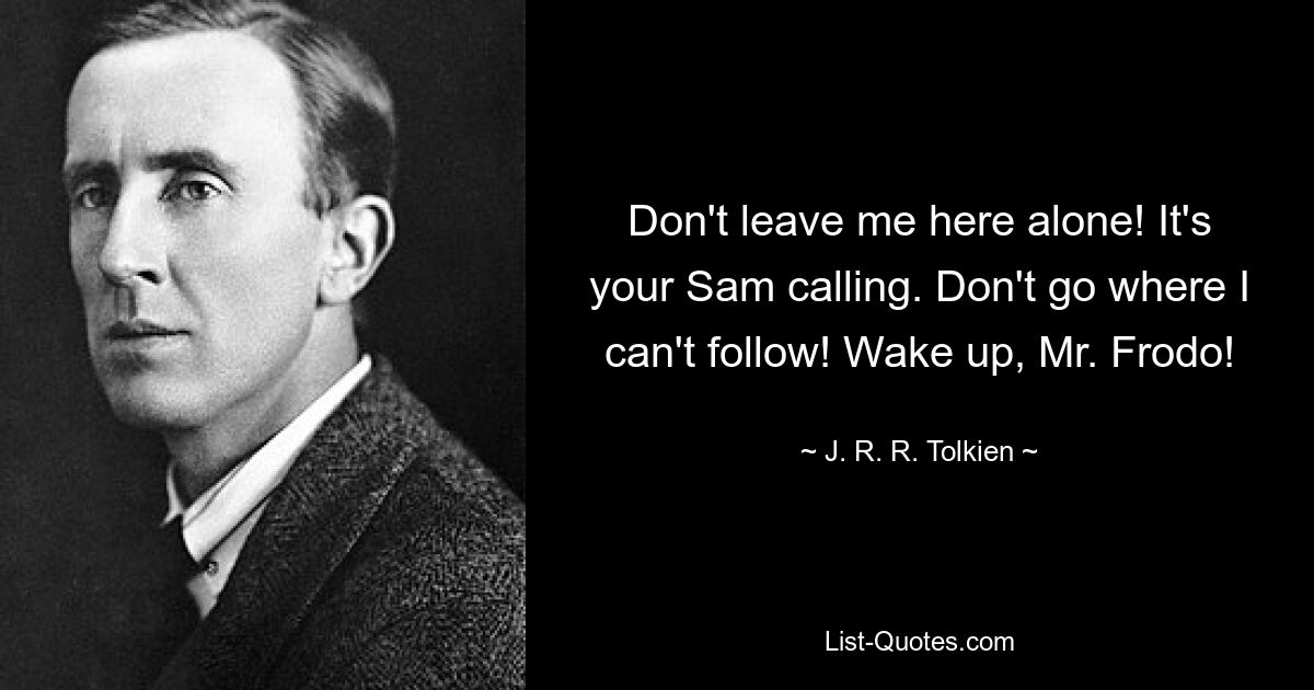 Don't leave me here alone! It's your Sam calling. Don't go where I can't follow! Wake up, Mr. Frodo! — © J. R. R. Tolkien