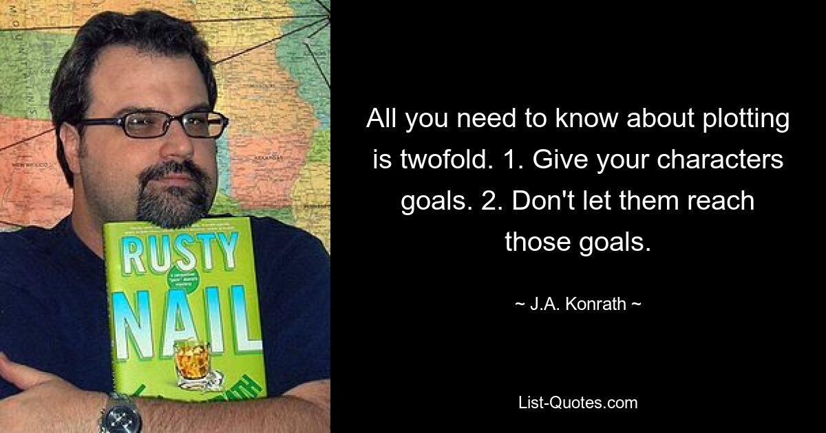 All you need to know about plotting is twofold. 1. Give your characters goals. 2. Don't let them reach those goals. — © J.A. Konrath