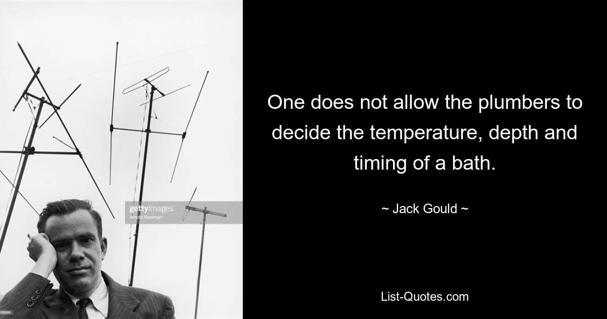 One does not allow the plumbers to decide the temperature, depth and timing of a bath. — © Jack Gould