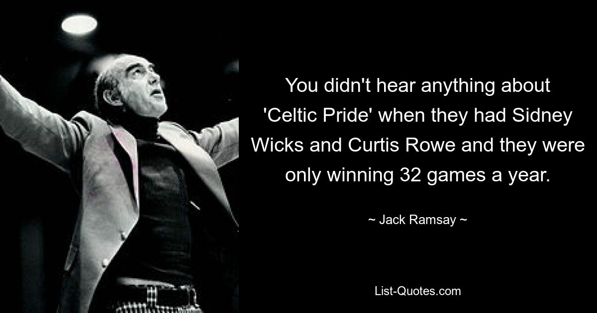 You didn't hear anything about 'Celtic Pride' when they had Sidney Wicks and Curtis Rowe and they were only winning 32 games a year. — © Jack Ramsay