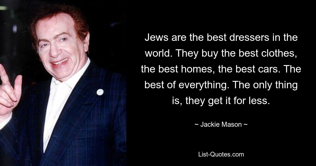 Jews are the best dressers in the world. They buy the best clothes, the best homes, the best cars. The best of everything. The only thing is, they get it for less. — © Jackie Mason