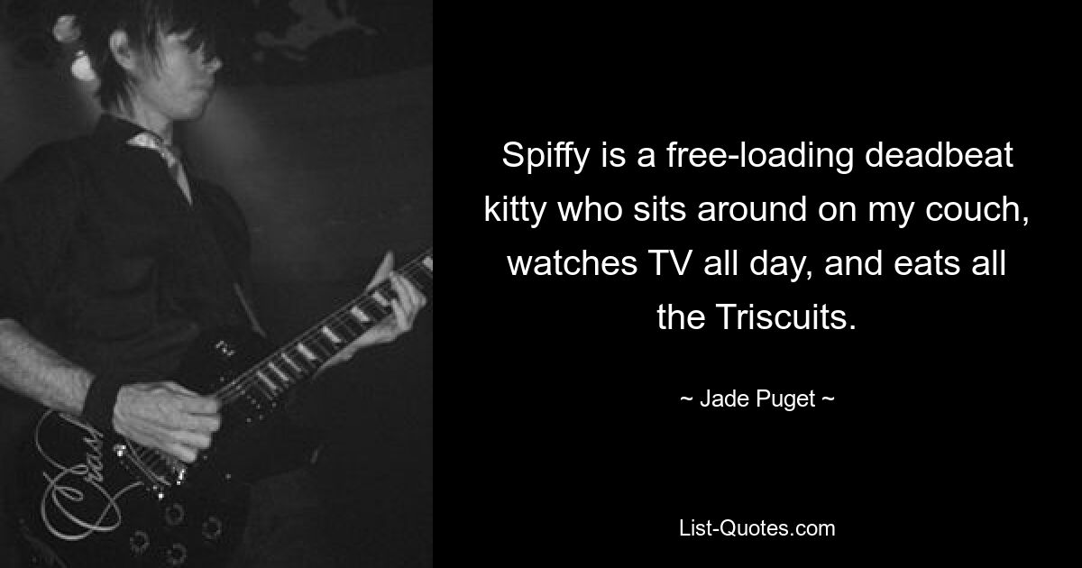 Spiffy is a free-loading deadbeat kitty who sits around on my couch, watches TV all day, and eats all the Triscuits. — © Jade Puget