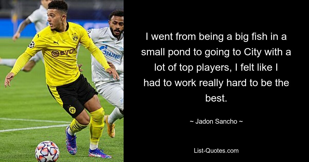 I went from being a big fish in a small pond to going to City with a lot of top players, I felt like I had to work really hard to be the best. — © Jadon Sancho