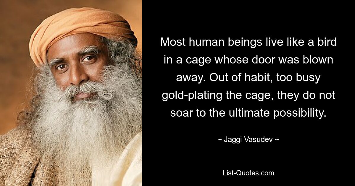 Most human beings live like a bird in a cage whose door was blown away. Out of habit, too busy gold-plating the cage, they do not soar to the ultimate possibility. — © Jaggi Vasudev