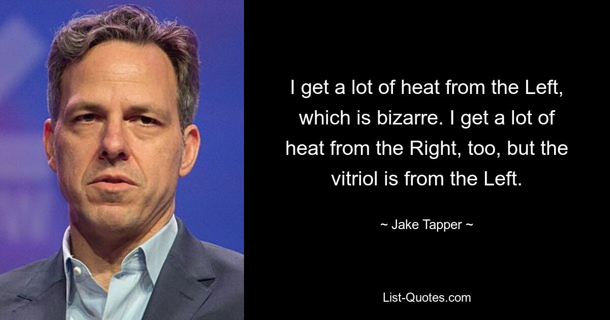 I get a lot of heat from the Left, which is bizarre. I get a lot of heat from the Right, too, but the vitriol is from the Left. — © Jake Tapper