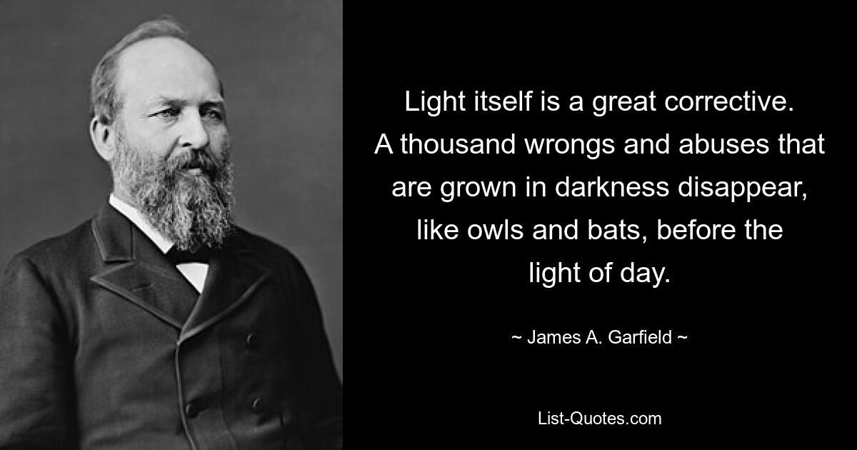 Light itself is a great corrective. A thousand wrongs and abuses that are grown in darkness disappear, like owls and bats, before the light of day. — © James A. Garfield