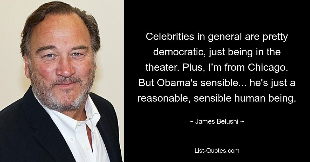 Celebrities in general are pretty democratic, just being in the theater. Plus, I'm from Chicago. But Obama's sensible... he's just a reasonable, sensible human being. — © James Belushi