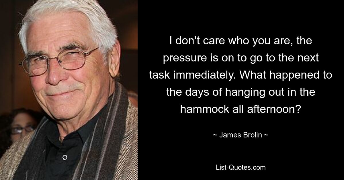 I don't care who you are, the pressure is on to go to the next task immediately. What happened to the days of hanging out in the hammock all afternoon? — © James Brolin