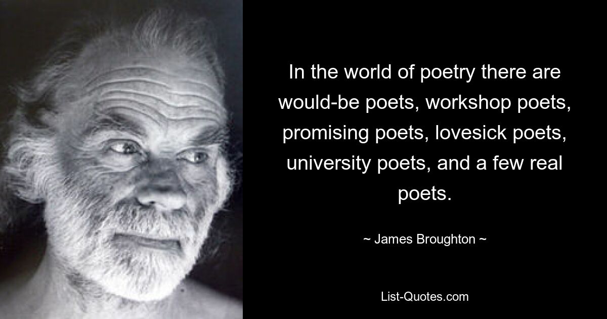 In the world of poetry there are would-be poets, workshop poets, promising poets, lovesick poets, university poets, and a few real poets. — © James Broughton