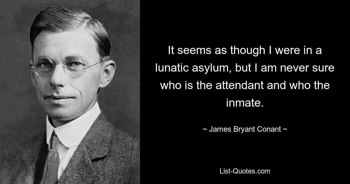 It seems as though I were in a lunatic asylum, but I am never sure who is the attendant and who the inmate. — © James Bryant Conant