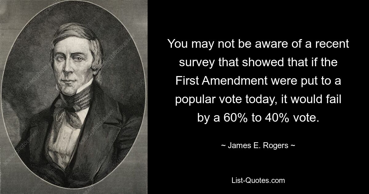 You may not be aware of a recent survey that showed that if the First Amendment were put to a popular vote today, it would fail by a 60% to 40% vote. — © James E. Rogers