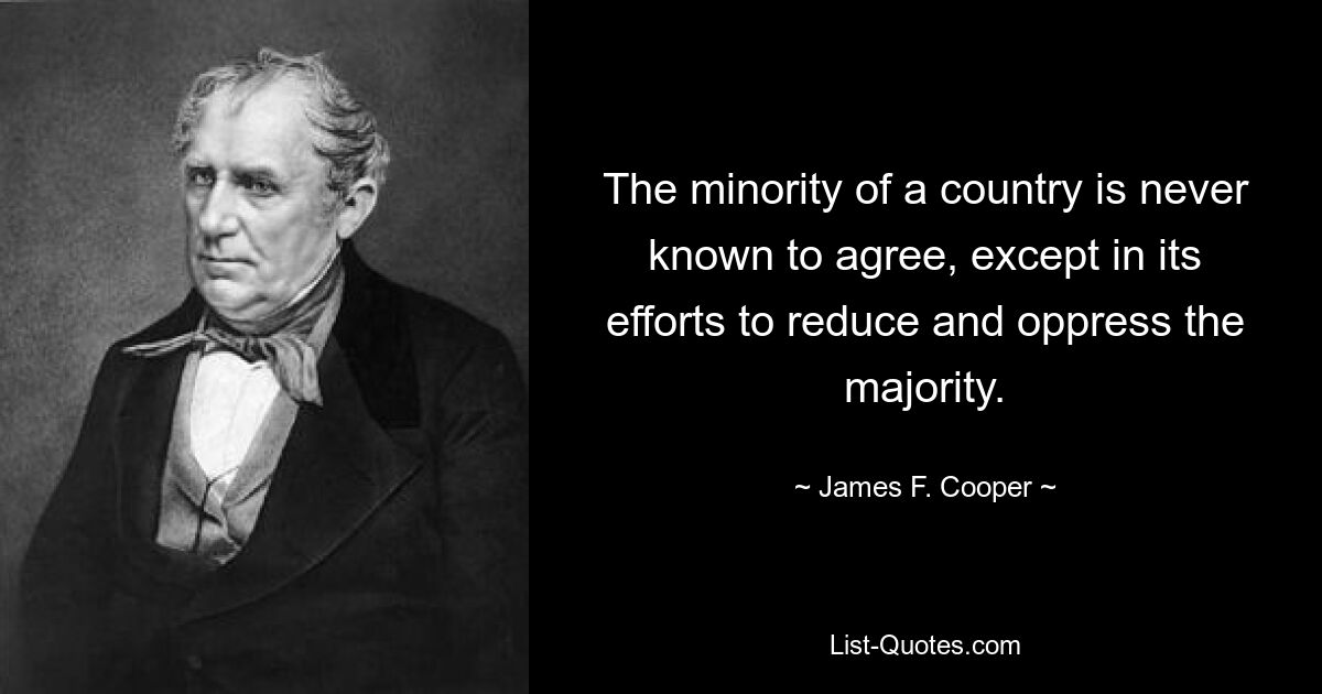 The minority of a country is never known to agree, except in its efforts to reduce and oppress the majority. — © James F. Cooper