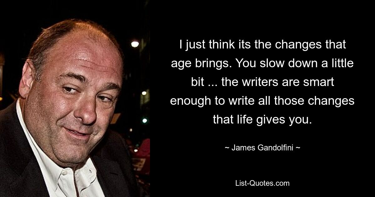Ich denke einfach, dass es an den Veränderungen liegt, die das Alter mit sich bringt. Du wirst ein bisschen langsamer ... die Autoren sind schlau genug, um all die Veränderungen aufzuschreiben, die das Leben einem beschert. — © James Gandolfini