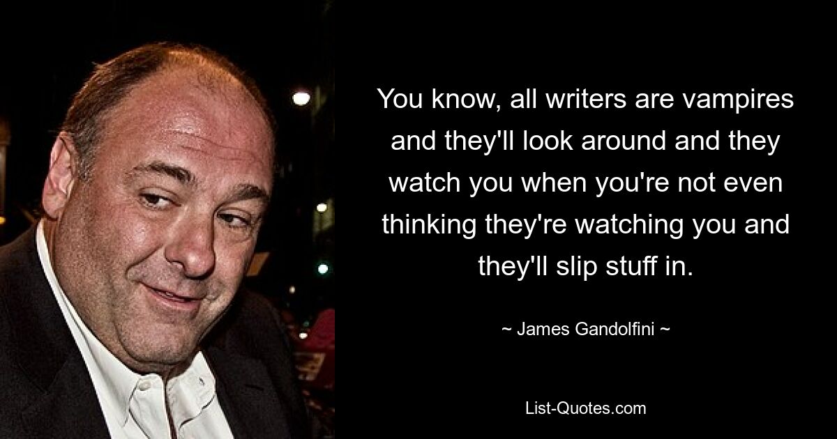 You know, all writers are vampires and they'll look around and they watch you when you're not even thinking they're watching you and they'll slip stuff in. — © James Gandolfini