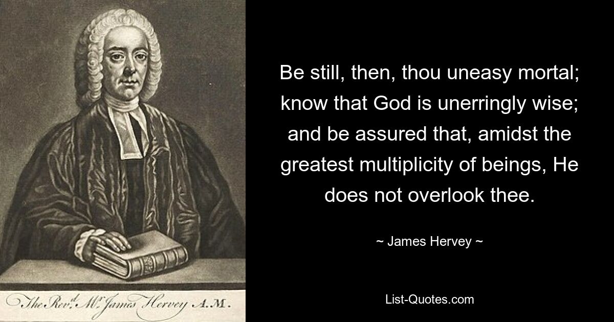 Be still, then, thou uneasy mortal; know that God is unerringly wise; and be assured that, amidst the greatest multiplicity of beings, He does not overlook thee. — © James Hervey