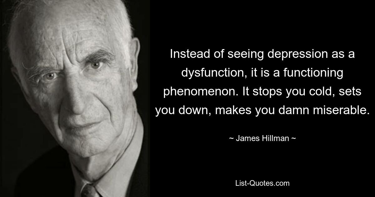 Instead of seeing depression as a dysfunction, it is a functioning phenomenon. It stops you cold, sets you down, makes you damn miserable. — © James Hillman