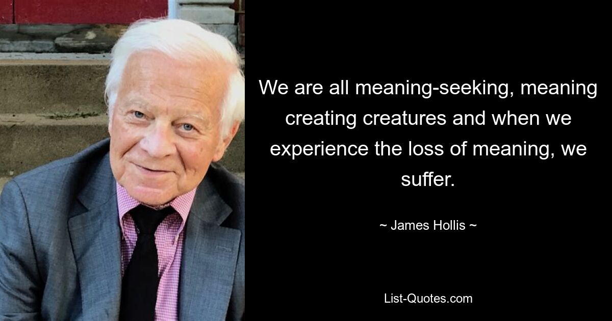 We are all meaning-seeking, meaning creating creatures and when we experience the loss of meaning, we suffer. — © James Hollis