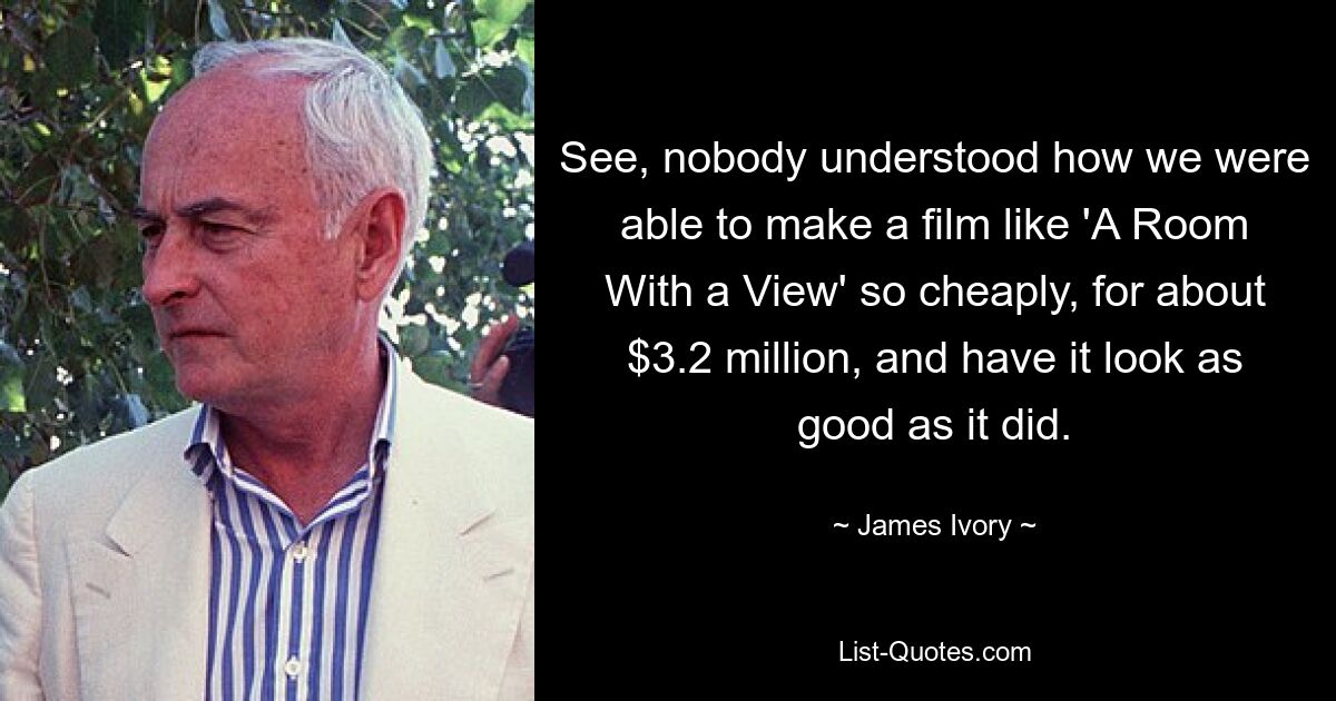 See, nobody understood how we were able to make a film like 'A Room With a View' so cheaply, for about $3.2 million, and have it look as good as it did. — © James Ivory