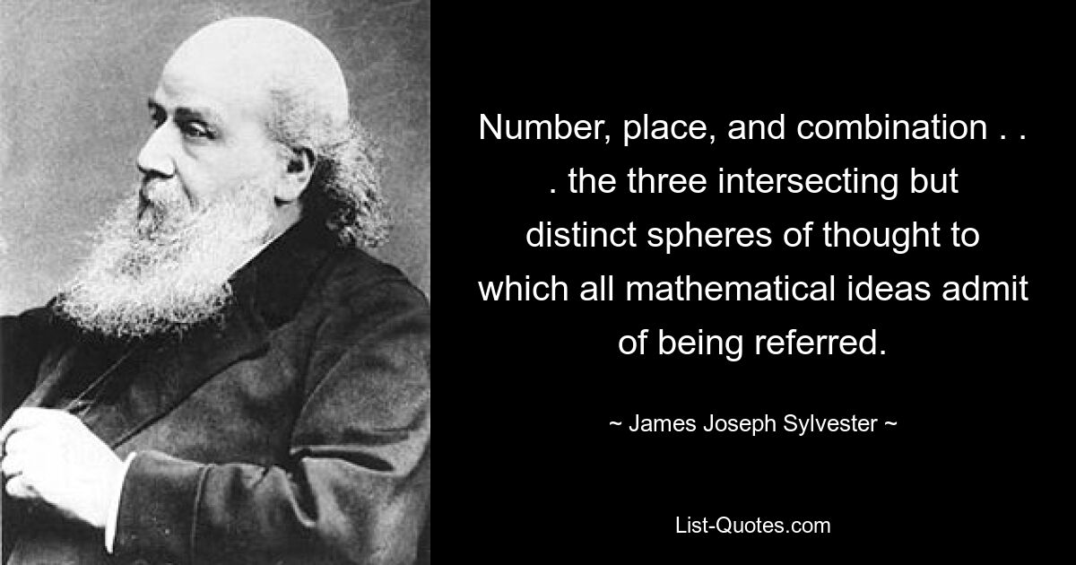 Number, place, and combination . . . the three intersecting but distinct spheres of thought to which all mathematical ideas admit of being referred. — © James Joseph Sylvester