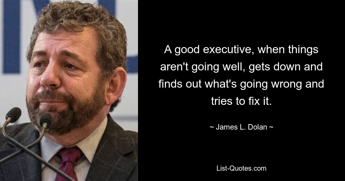 A good executive, when things aren't going well, gets down and finds out what's going wrong and tries to fix it. — © James L. Dolan