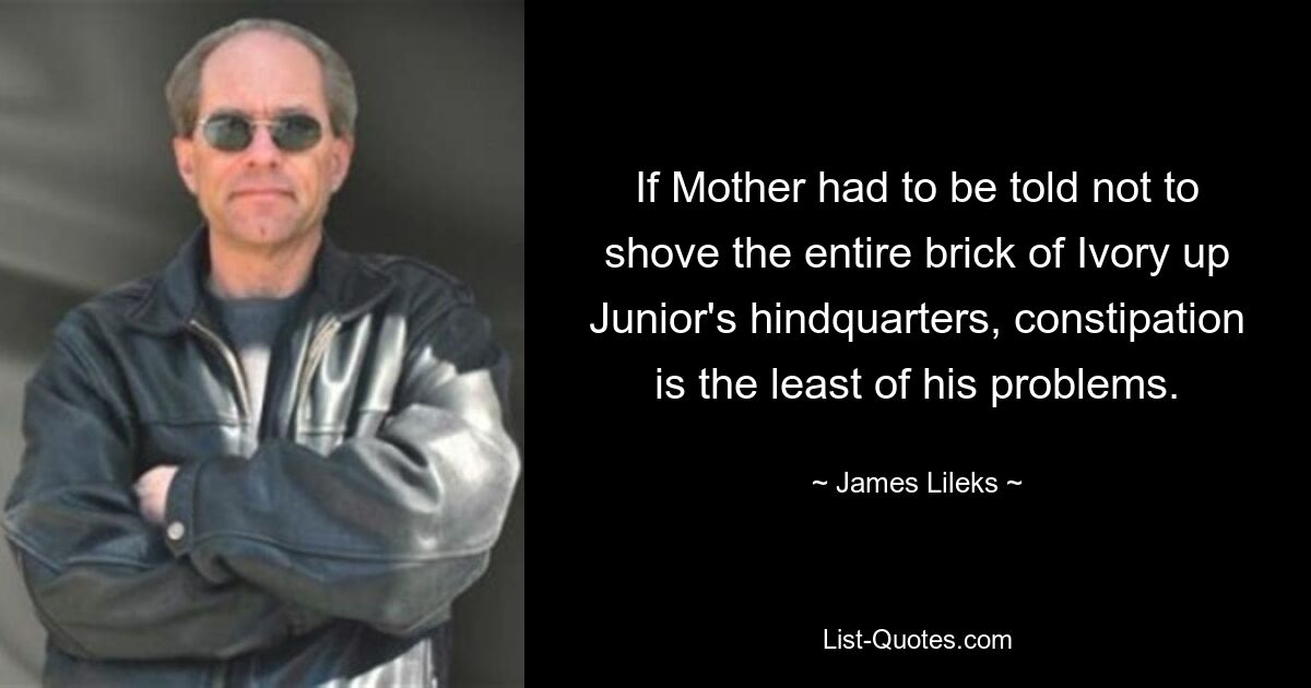 If Mother had to be told not to shove the entire brick of Ivory up Junior's hindquarters, constipation is the least of his problems. — © James Lileks