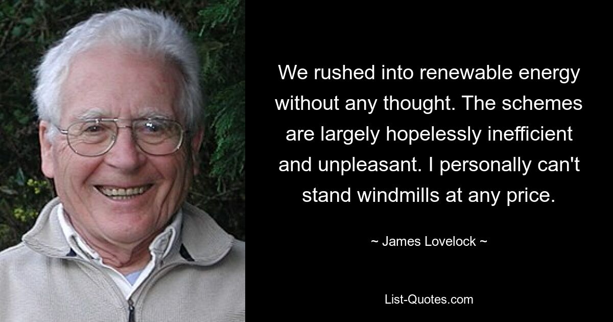 We rushed into renewable energy without any thought. The schemes are largely hopelessly inefficient and unpleasant. I personally can't stand windmills at any price. — © James Lovelock