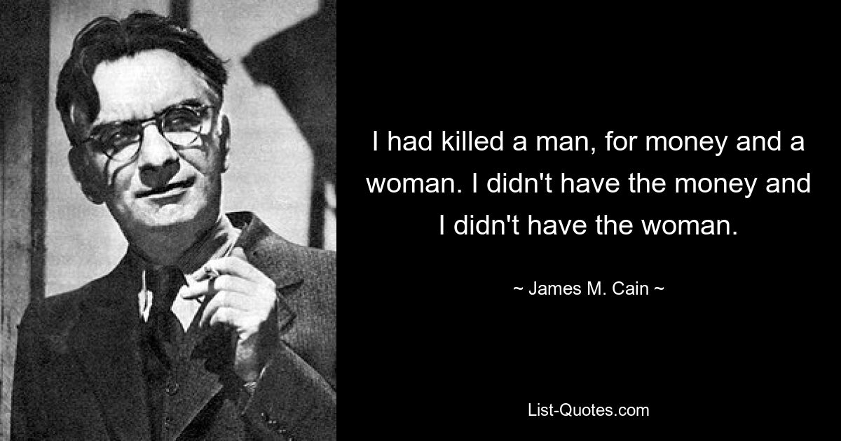 I had killed a man, for money and a woman. I didn't have the money and I didn't have the woman. — © James M. Cain