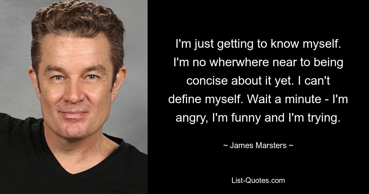 Ich lerne mich gerade kennen. Ich bin noch nicht einmal annähernd in der Lage, mich prägnant darüber zu äußern. Ich kann mich nicht definieren. Moment mal – ich bin wütend, ich bin lustig und ich versuche es. — © James Marsters 