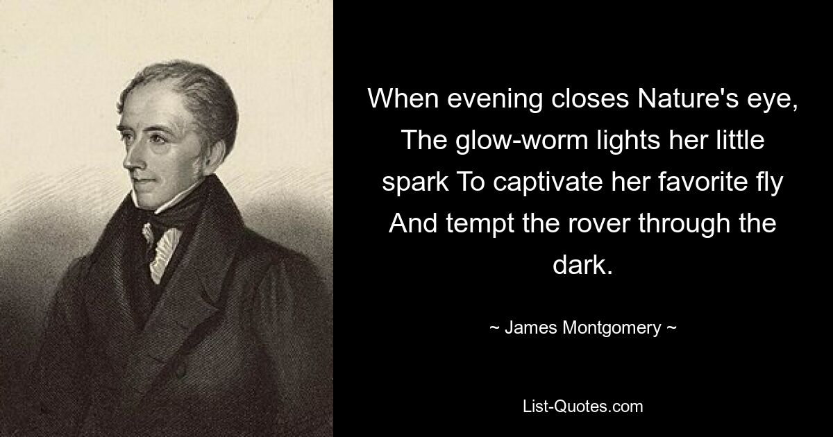 When evening closes Nature's eye, The glow-worm lights her little spark To captivate her favorite fly And tempt the rover through the dark. — © James Montgomery