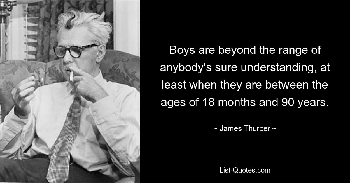 Boys are beyond the range of anybody's sure understanding, at least when they are between the ages of 18 months and 90 years. — © James Thurber