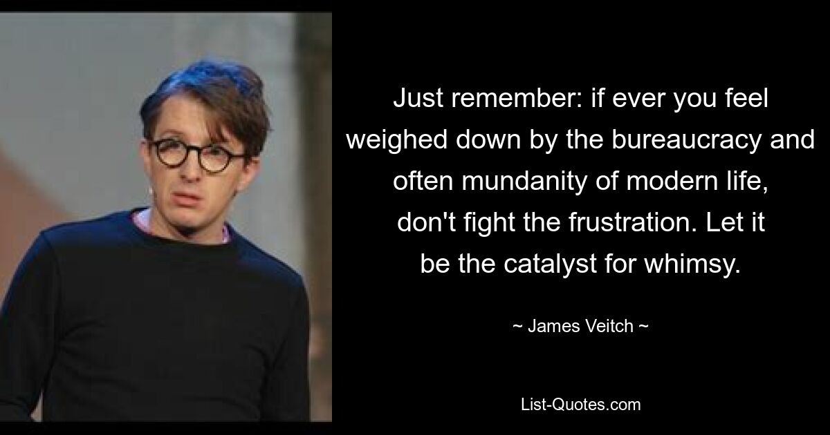 Just remember: if ever you feel weighed down by the bureaucracy and often mundanity of modern life, don't fight the frustration. Let it be the catalyst for whimsy. — © James Veitch