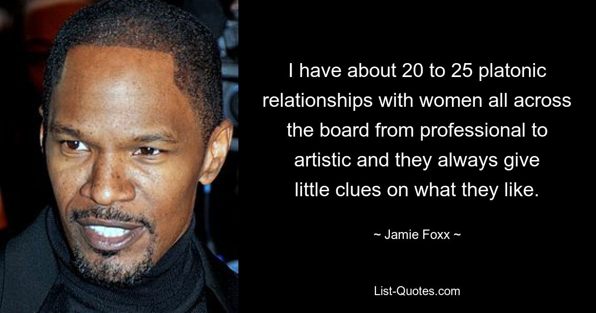 I have about 20 to 25 platonic relationships with women all across the board from professional to artistic and they always give little clues on what they like. — © Jamie Foxx